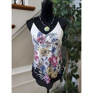 BCX Womens White Floral 100% Polyester V Neck Sleeveless Top Blouse Size Small